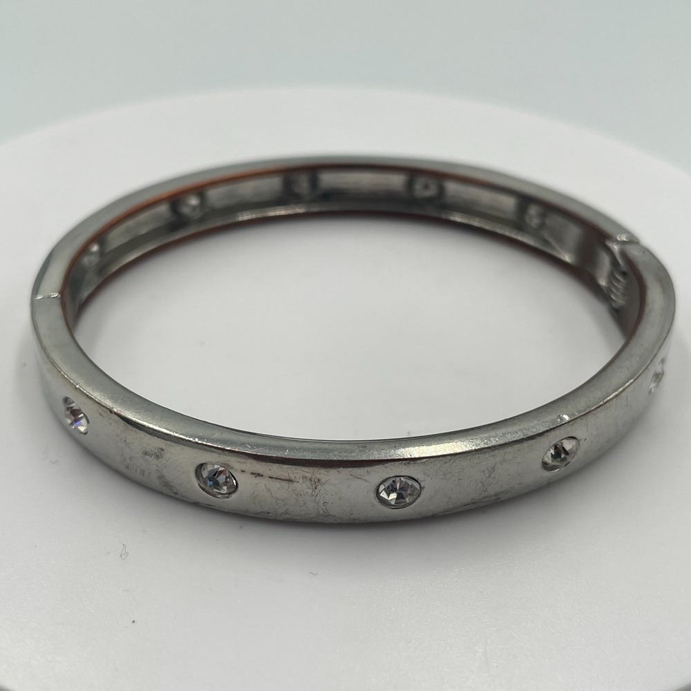 Vintage Y2K Silver Tone Rhinestone Inset Hinge Bangle Minimalist Bracelet